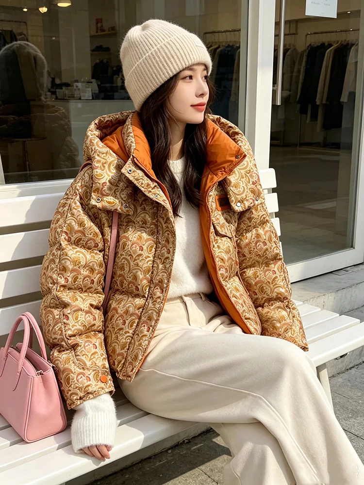 Winter Printed Color Blocking Down Jacket Women White Duck Down Fluffy Outwears Female Detachable Hooded Warm Thick Down Jacket