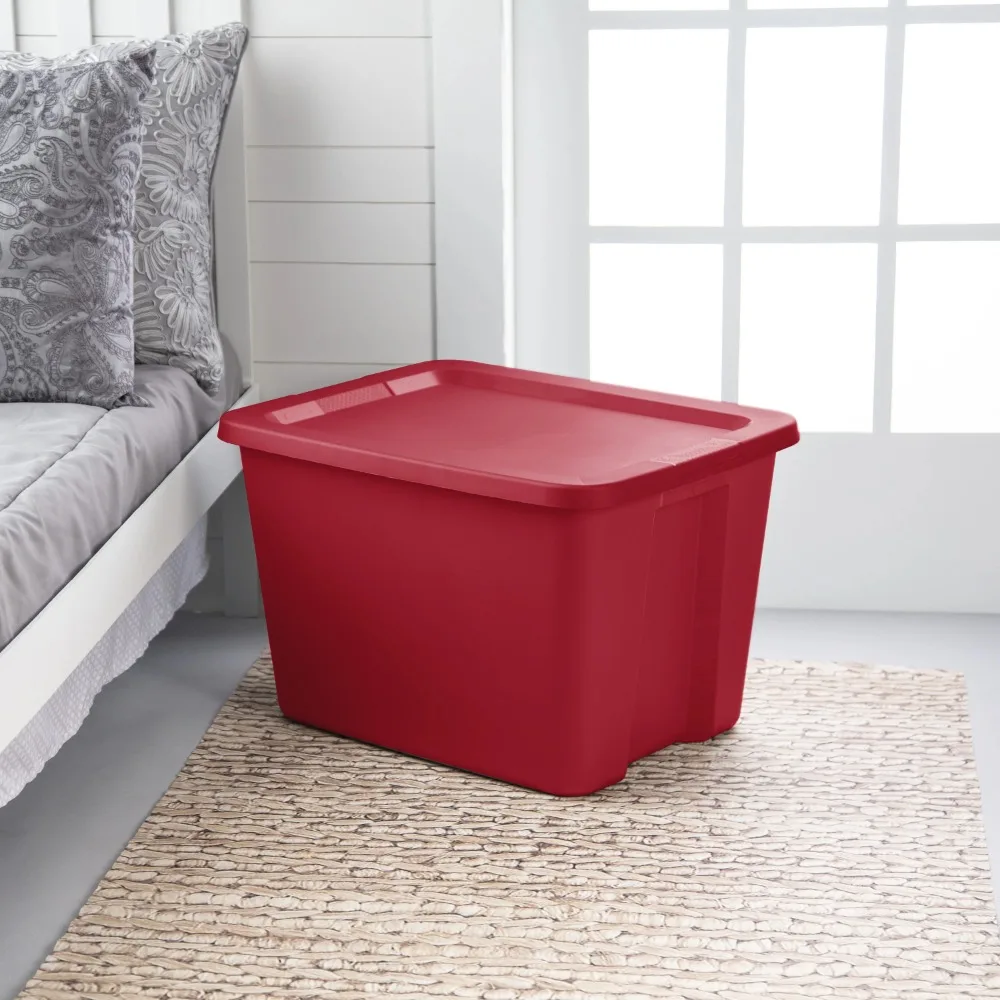 Large Storage Bin, 18 Gallon Plastic Storage Container with Snap-On Lid, Red, Pack of 8