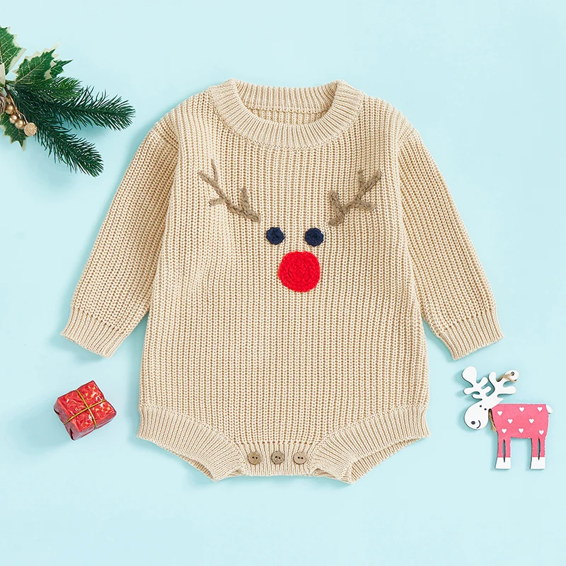 Baby Girls Boys Christmas Sweater Rompers Deer Embroidery Long Sleeve Toddler Bodysuits Newborn Xmas Clothes