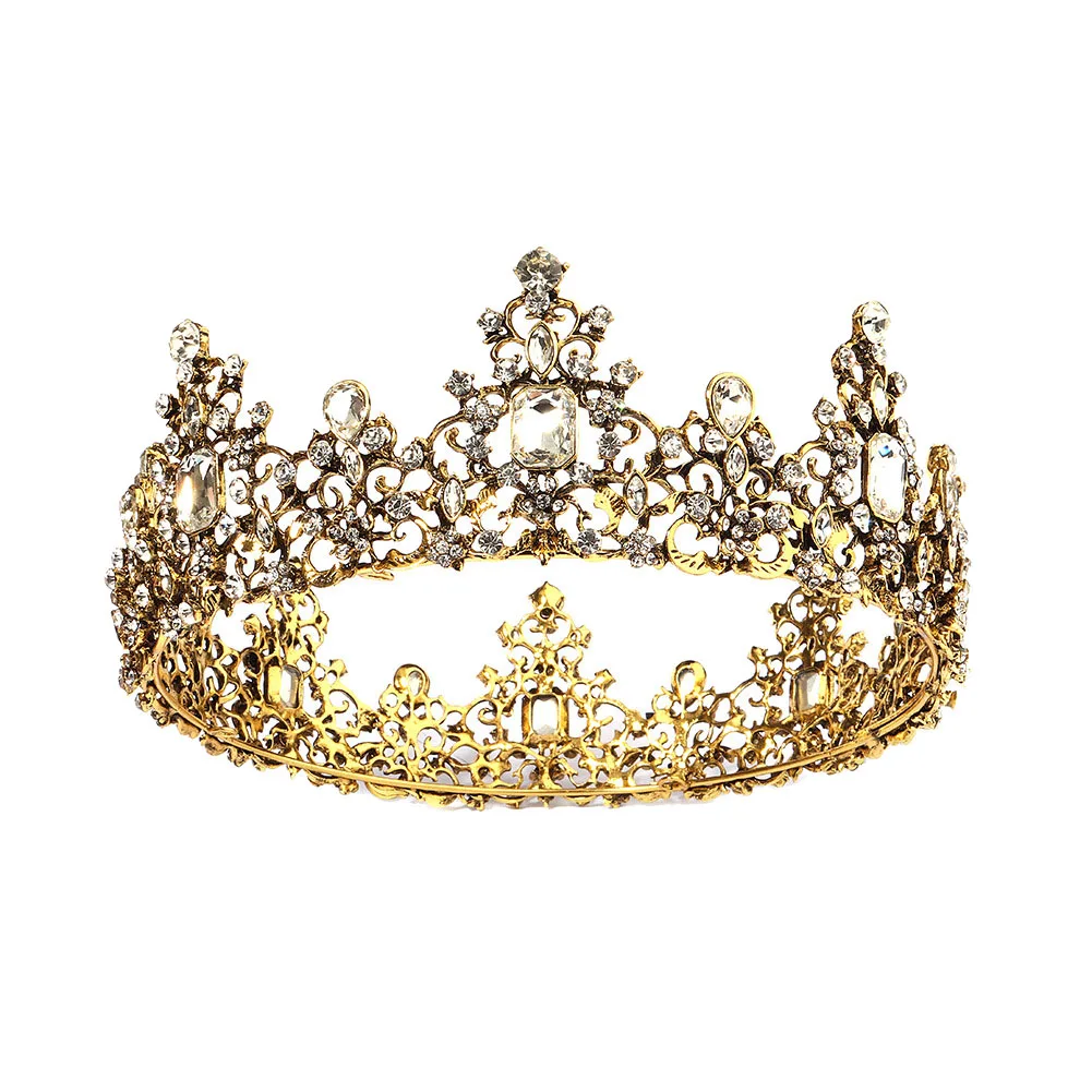 Tiara Baroque Color Diamond Alloy Crown Wedding Accessories Bride Vintage Round Crown White Diamonds + Ancient