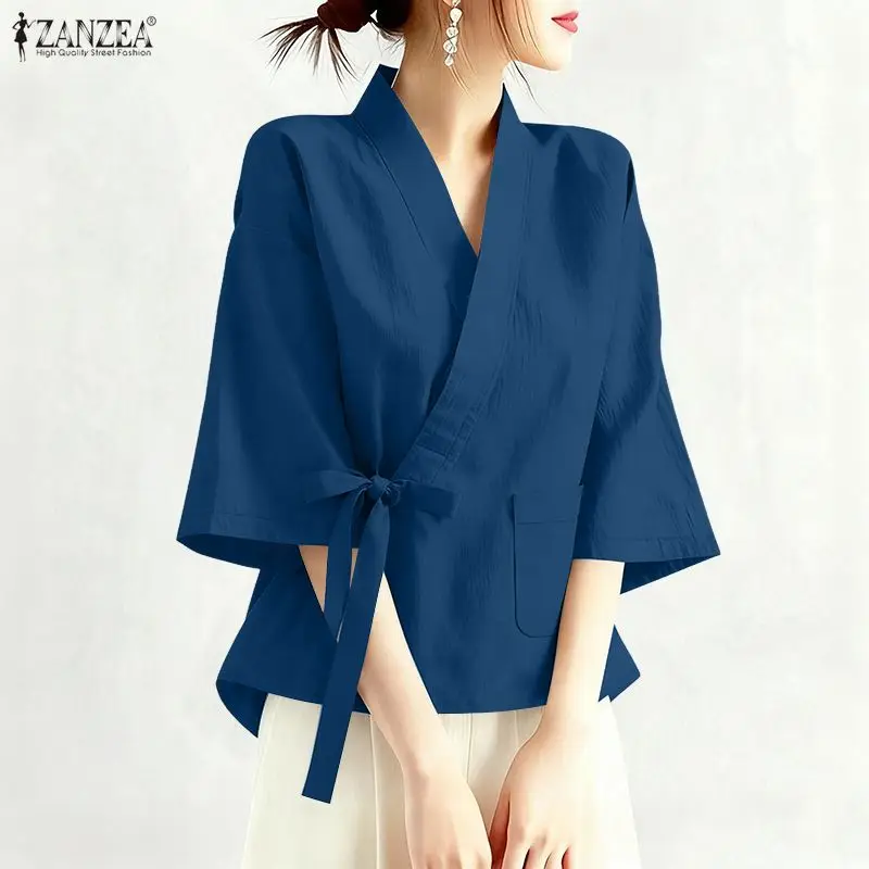 2026 ZANZEA Summer Cross V Neck Half Sleeve Tops Women Blouse Trend Japanese Korean Kimono Shirt Mujer Solid Lace -Up Work Tunic
