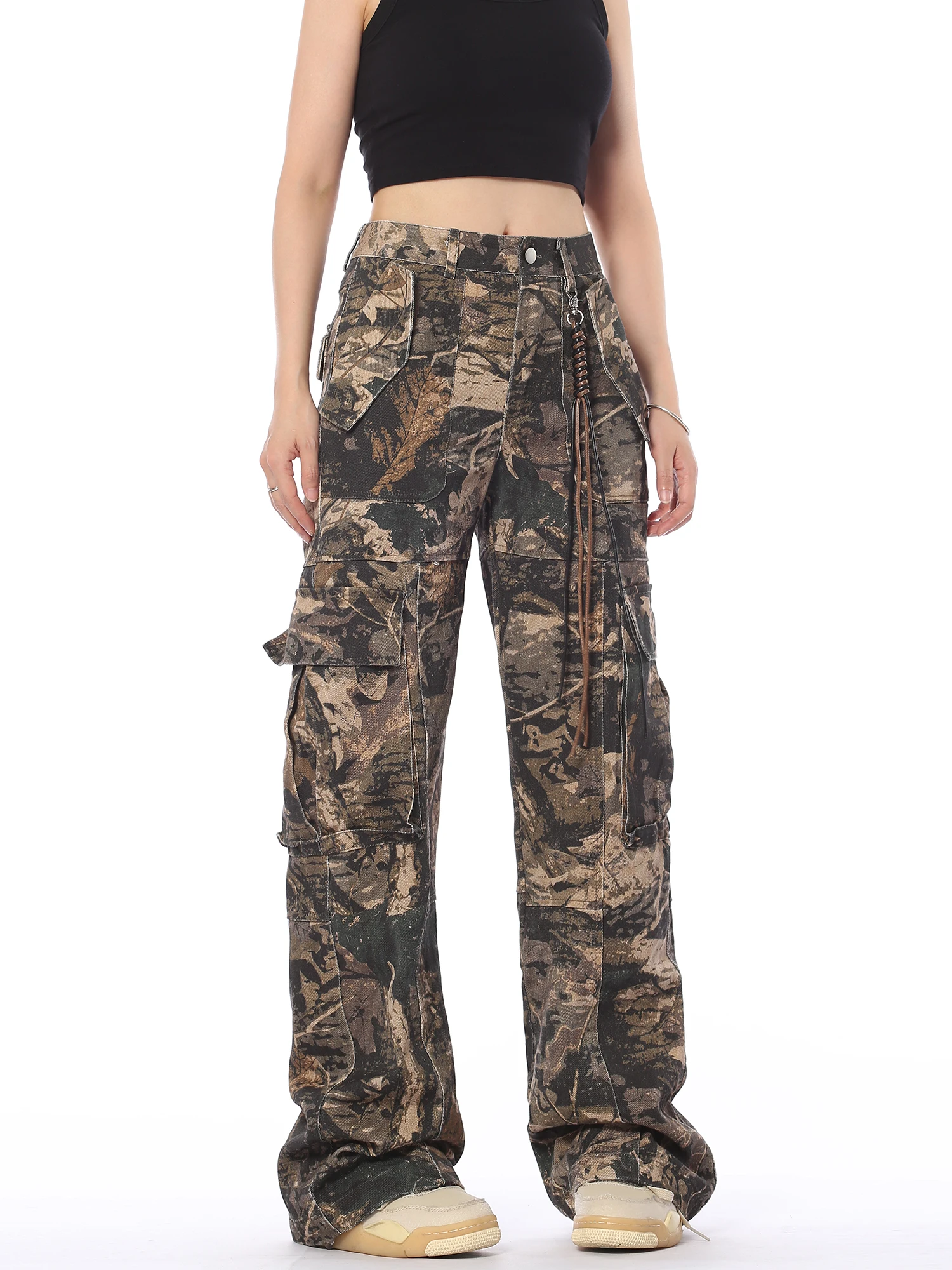 

AJEM Американские камуфляжные свободные прямые брюки в стиле ретро с несколькими карманами, широкая рабочая одежда High Street, длинные брюки