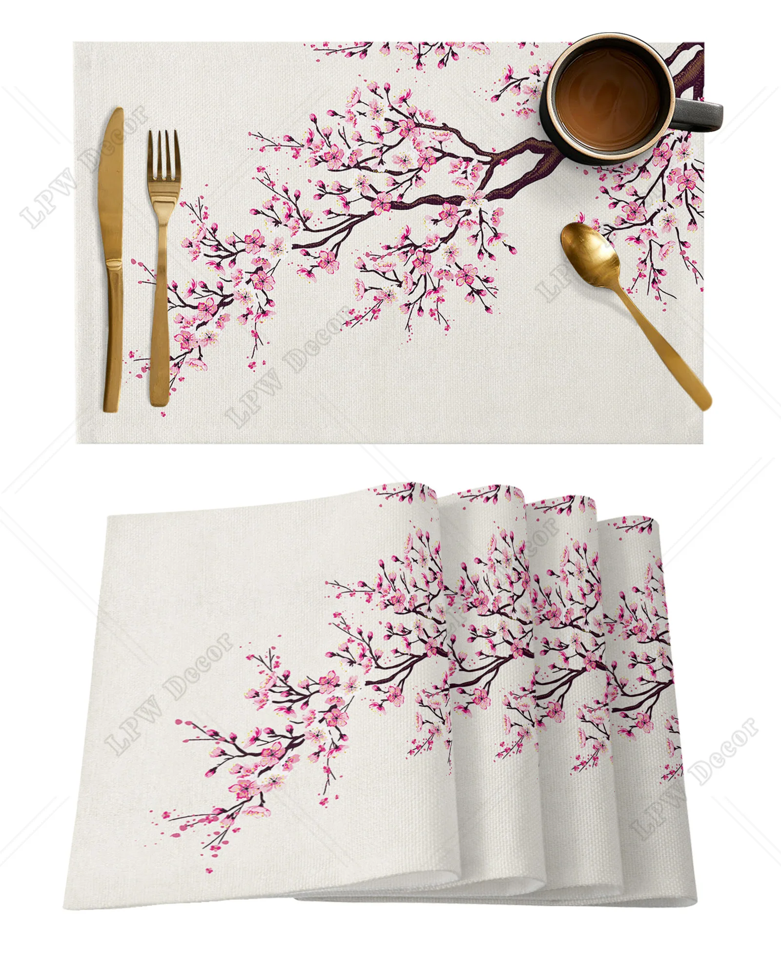 4/6 Pcs Placemat Japanese Style Sakura Kitchen Placemat Home Decoration Dining Table Mats Coffee Coaster Mat