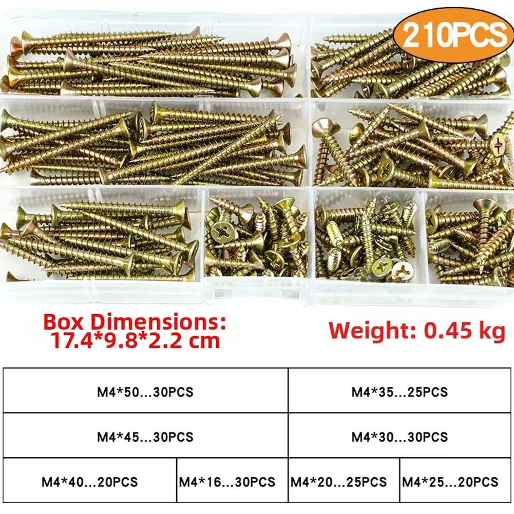 Wood Screws for kit 210PCS Countersunk Self Tapping Carbon Steel Screws for Carpentry Framing Panel Mounting and General Purpose