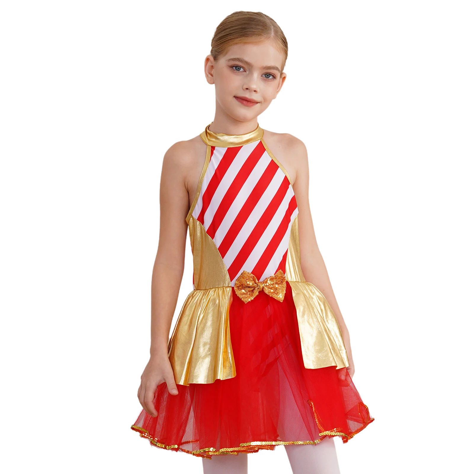 Girl Christmas Performance Costume Halter Neck Sleeveless Sequins Bow Striped Gold PU And Mesh Patchwork Shiny Trim Dress