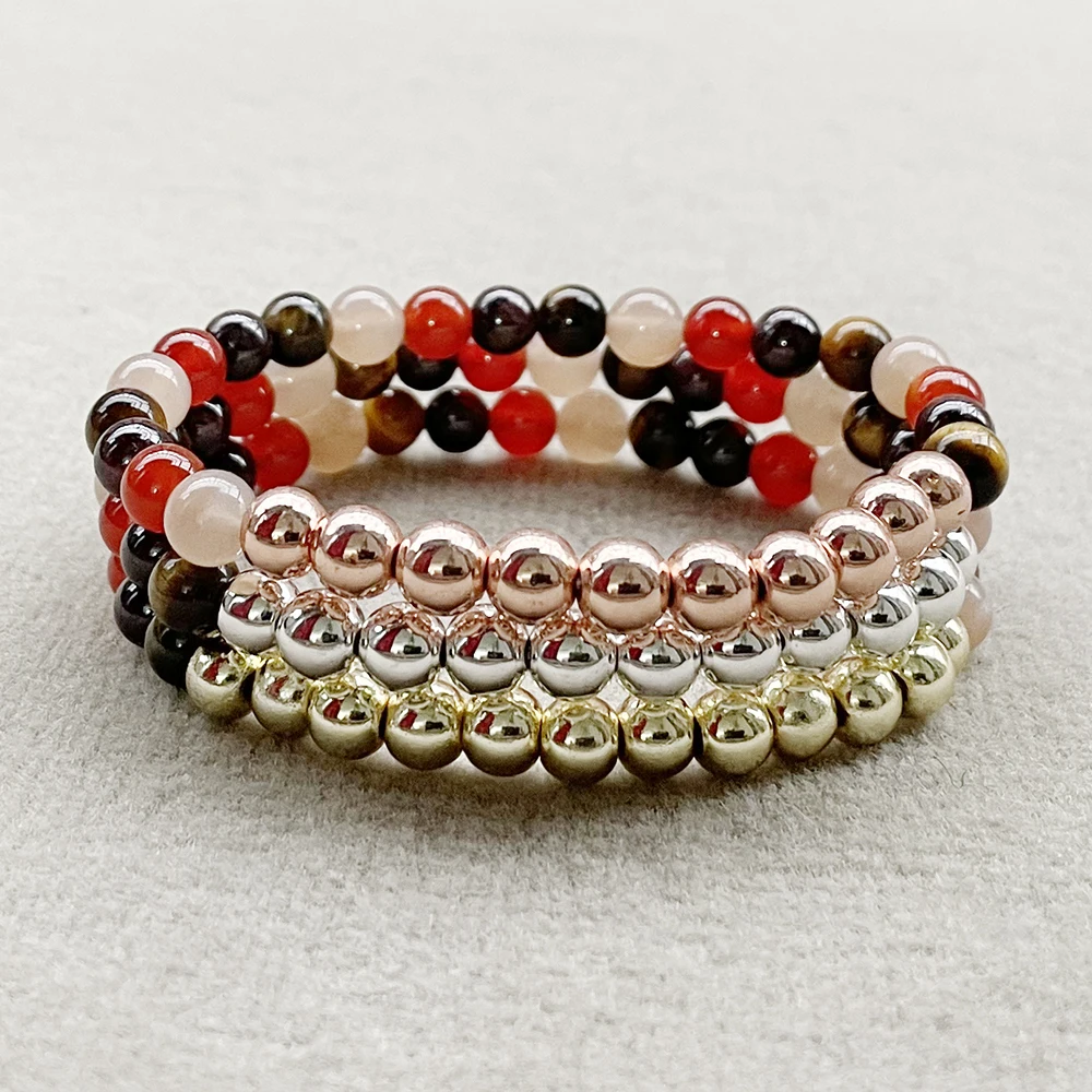 MG2052 New Design 6 MM Sunstone Garnet Tiger Eye Stone Carnelian Mixed Bracelet Womens Cooper Beads Yoga Wrist Mala