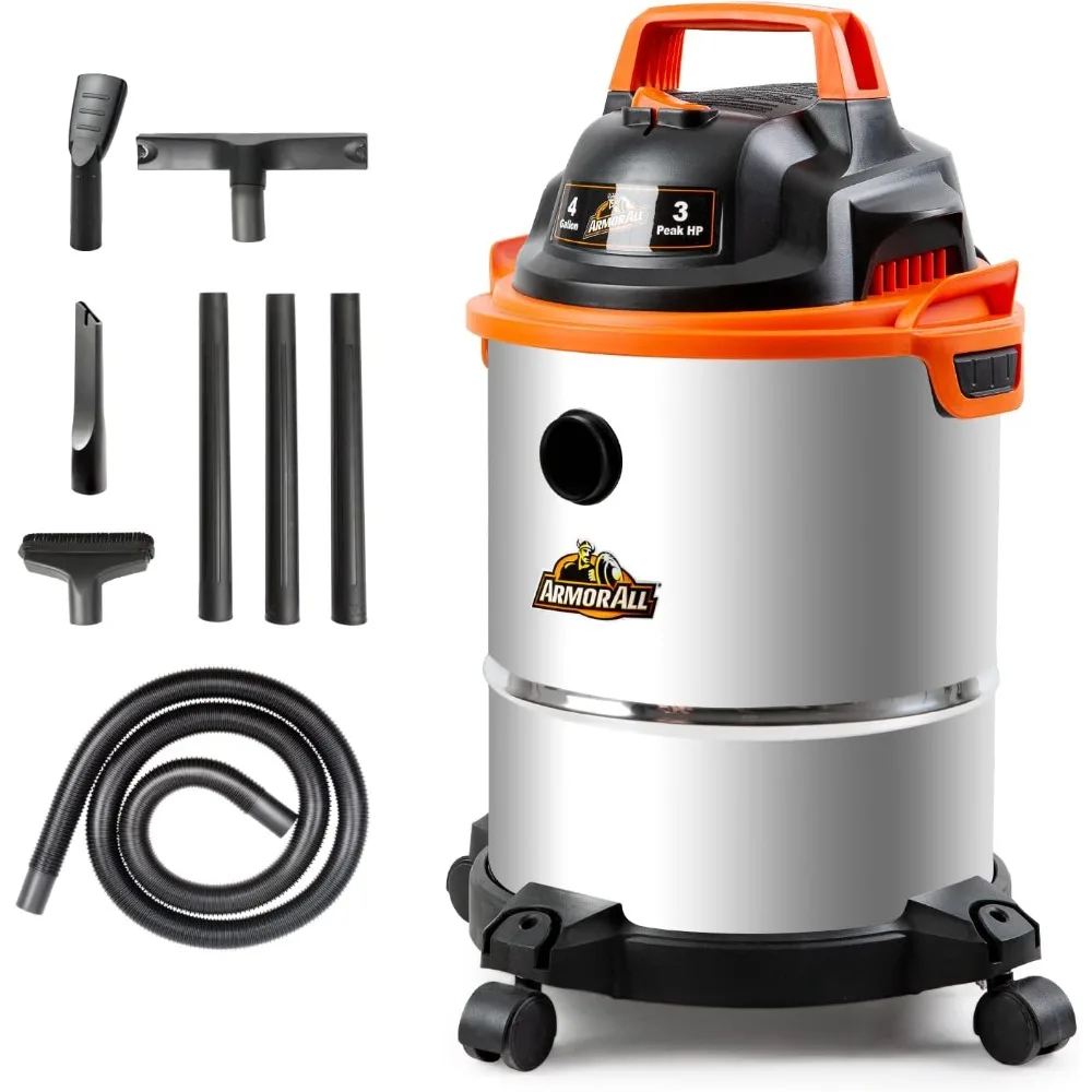 4 Gallon High-Performance Stainless Steel Wet/Dry Vacuum Cleaner, 3 Peak HP, Orange