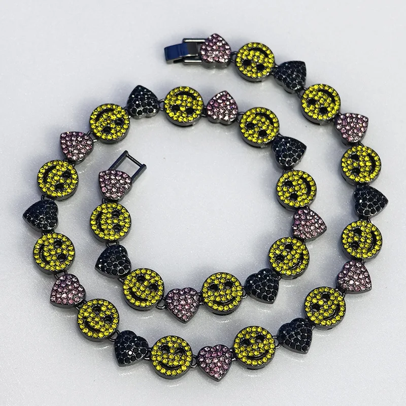 

Tri-Color Cuban Link Chain, Smiley & Heart Pendant Necklace Full CZ, Hip Hop Light Luxury Unisex Jewelry Gift