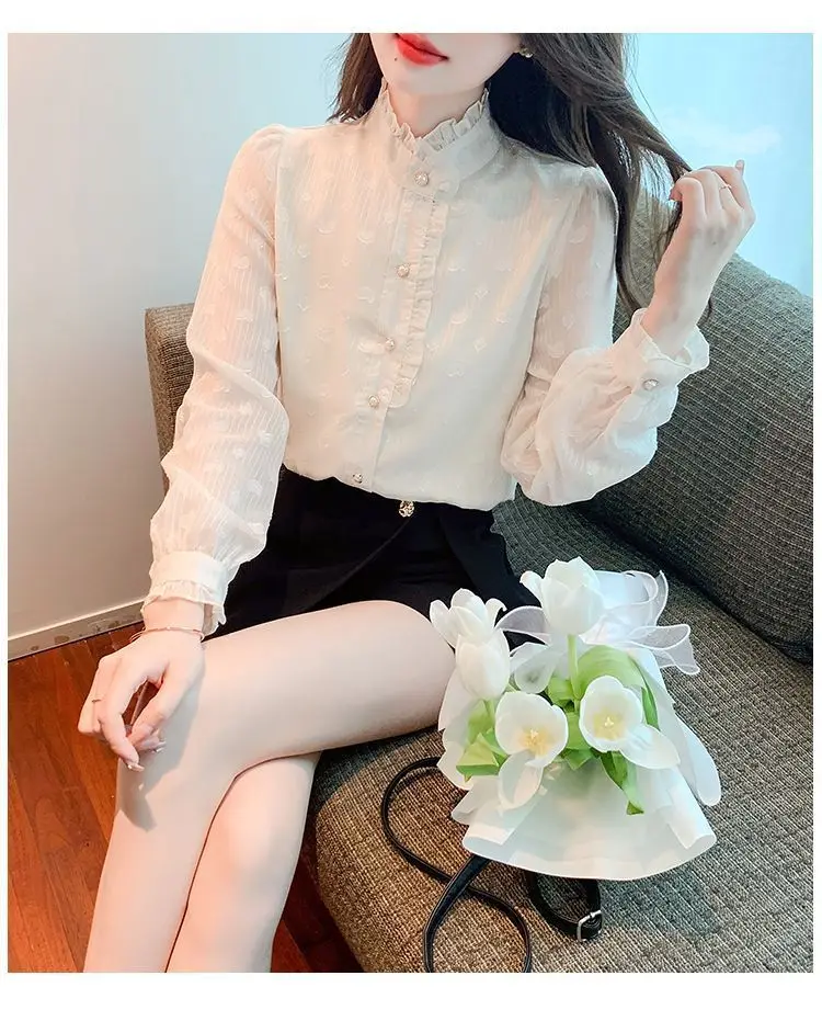 French Collar Chiffon Shirt for Women Fashionable and Stylish Beautiful Shirt with Long Sleeves as the Base and Top