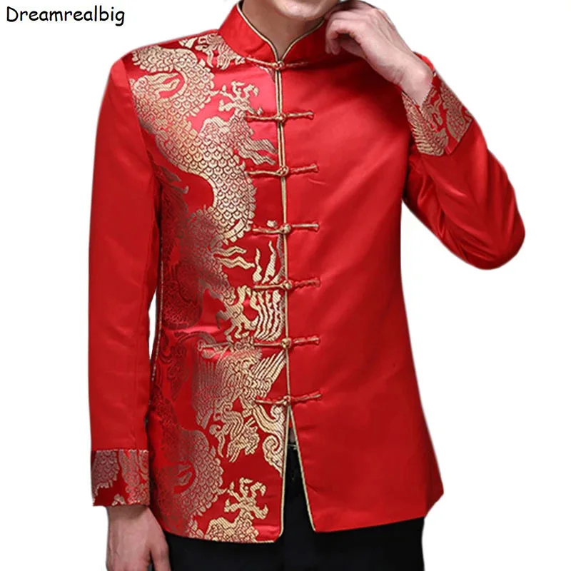 Traditional Chinese Style Men Red Wedding Coat Stand Collar Satin Tunic Suit Jacket Golden Dragon Jacquard Bridegroom Coat