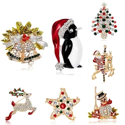 Luxury Rhinestone Christmas Brooches for Women Crystal Zircon Penguin Elk Snowman Xmas Tree Brooch Pins New Year Corsage Jewelry