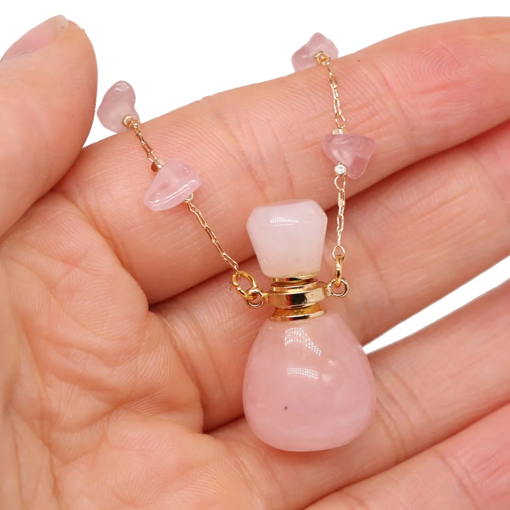Natural Stone Rose Quartz Perfume Bottle Essential Oil Diffuser Reiki Healing Exquisite Necklace Jewelry Gift