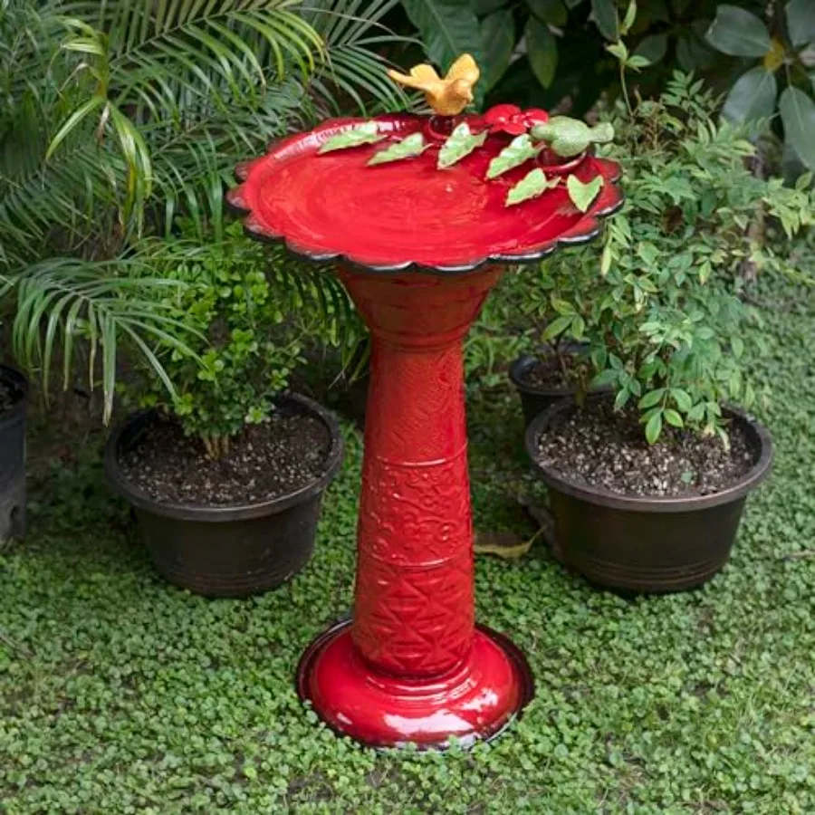 Outdoor metal birdbath for garden use, red finish, durable construction, features birds and leaves design, ideal for patio, dec
