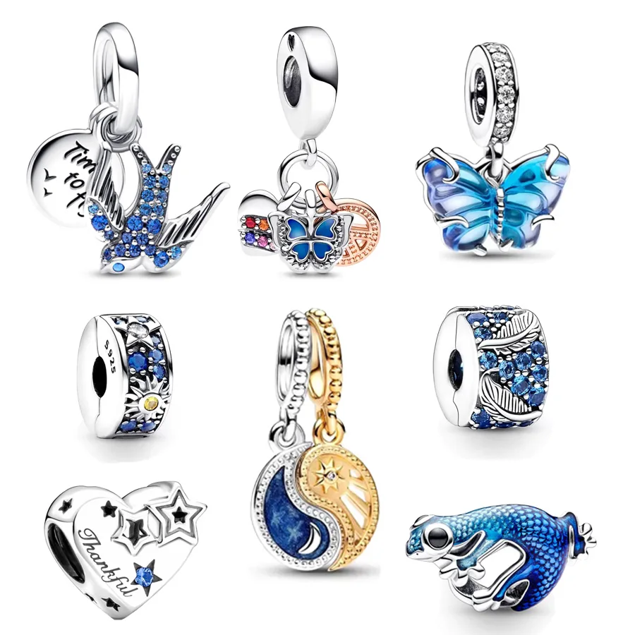 NEW Metallic Gecko Blue Murano Glass Butterfly Dangle Clip Charm Bead Fit Original European 925 Sterling Silver Bracelet Jewelry