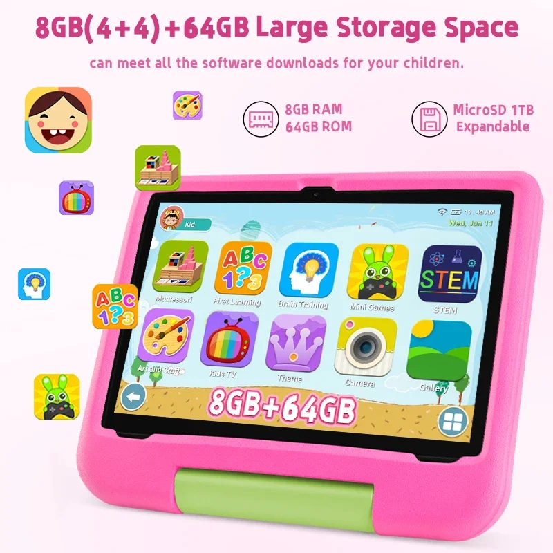 Tabletas para niños, tabletas Android 15 de 10,1 pulgadas, 2025 con 5000mAh, 8GB (4G + 4G) + 64GB + 1TB, juegos educativos, aplicación de Control Parental