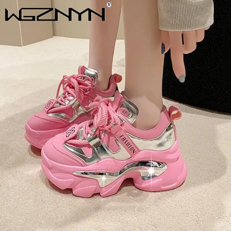 

6cm Leather Women Hidden Heels Ladies Chunky Sneakers Pink 2024 NEW Autumn Thick Soled New Spring Platform Wedge Fashion Shoes