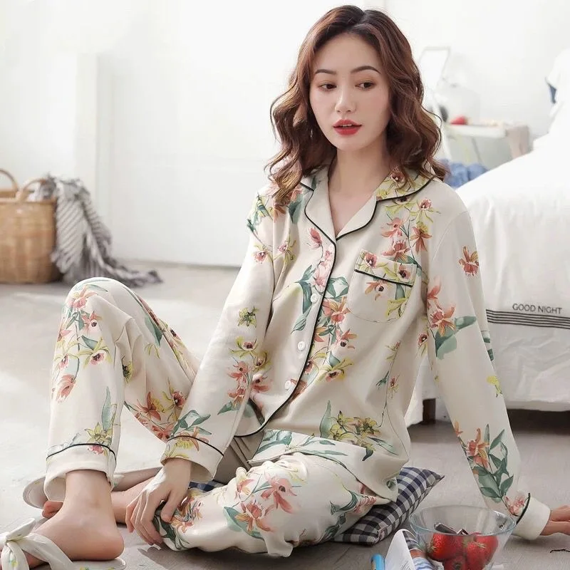 

Autumn Fashion Floral Print Women's Home Set Long-Sleeve Lapel Top With Pockets And Long Pants Breathabel Fabric Fit Sleepwear