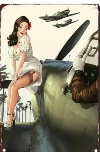 MILITARY PIN-UP GIRL SITTING ON AIRPLANE METAL TIN SIGN SEXY GIRL MAN CAVE ART