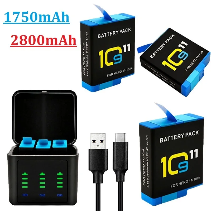 1750/2800mAh For GoPro Hero 9 10 11 Battery 3 Slot Waterproof Charging Box With TF Card Reader For GoPro Hero 9 10 11 Battery