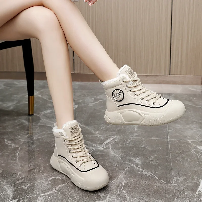 Shoes for Women Winter Korean Version Color Matching High Top Plus Velvet Warm Thick Sole Heightening Casual Shoes for Female