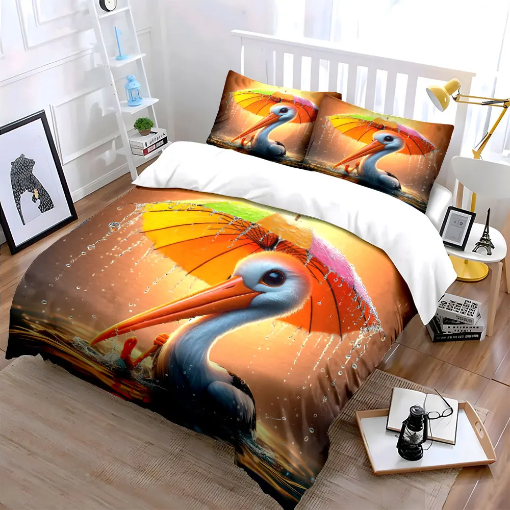 Stork Under Colorful Umbrella Bedding Set for Kids Luxury Gift 3pcs Digital Print Comforter Set Soft Comfortable Breathable