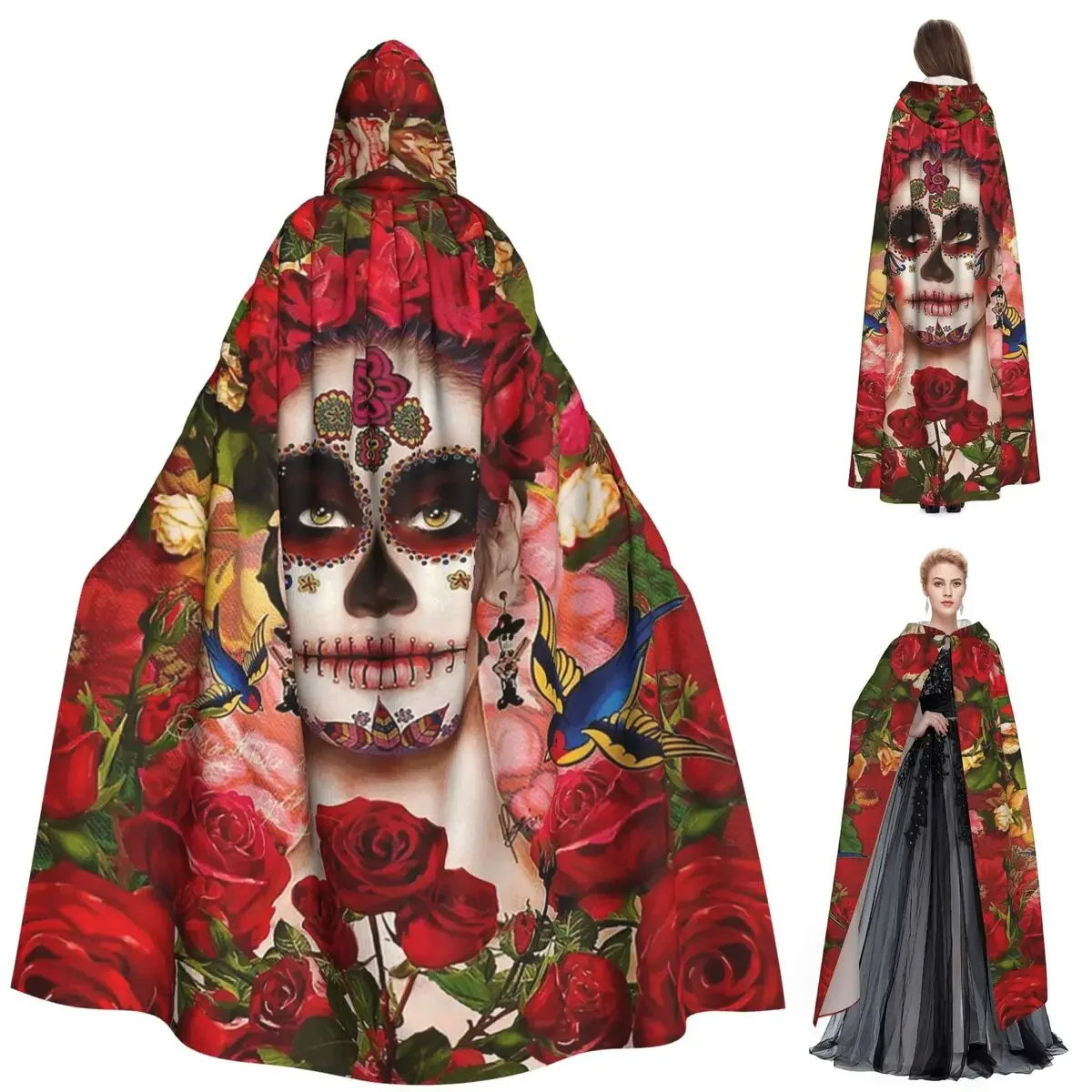 Custom Mexican Catrina Girl Day Of The Dead Sugar Skull Long Hooded Cloak Witch Medieval Costume Cosplay Cape Halloween