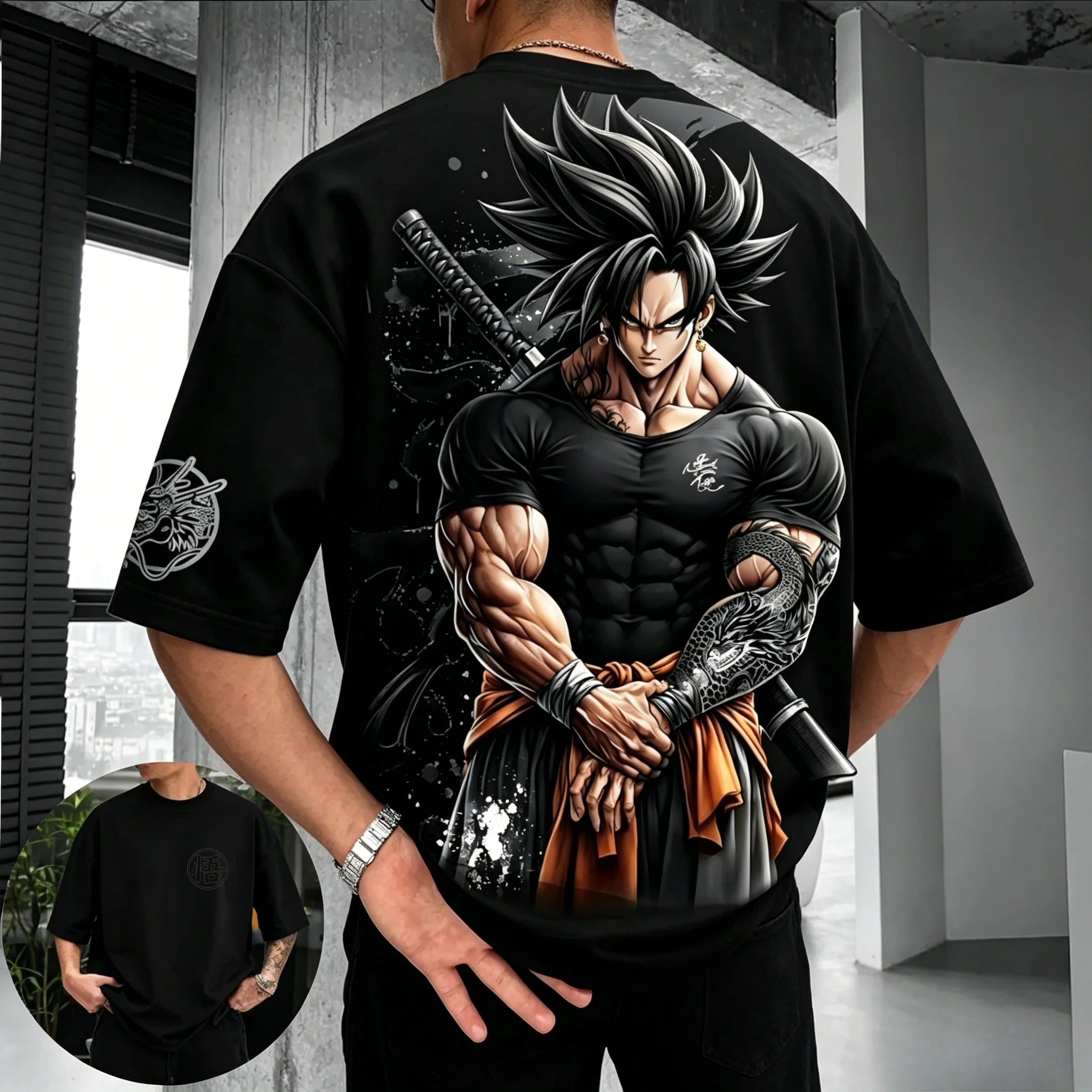 Summer Super Saiyan Goku Retro Print Men's Casual Round-neck T-shirt for Teenagers and Children with Loose Fit Short Sleeve
