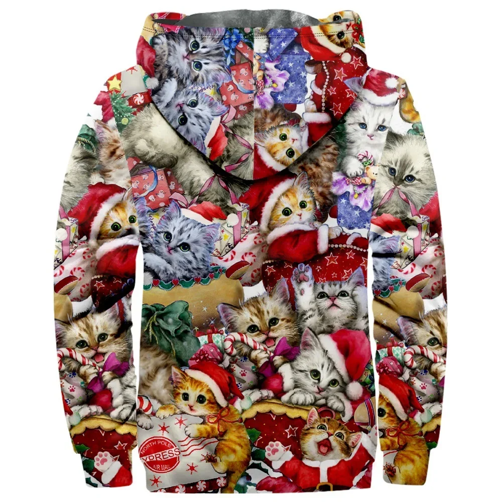 Men Jacket Cardigans Snow Man Christmas Cute Cats Festival Print Thick Outdoor Fleece Winter Casual Streetwear Unisex Clothing