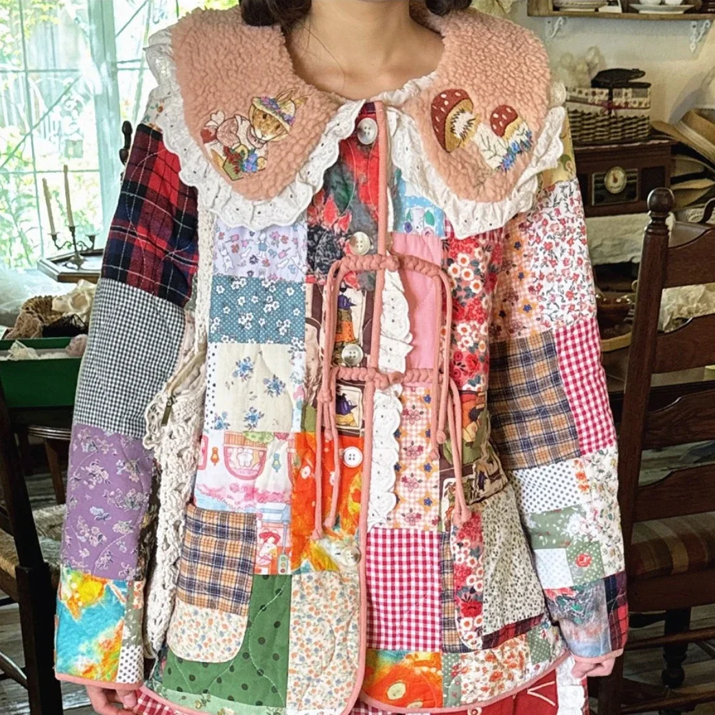 

Women Winter Vintage Fleece Cotton Liner Patchwork Quilted Coat 2024 Japanese Mori Girl Cottagecore Retro Shabby Chic Jacket