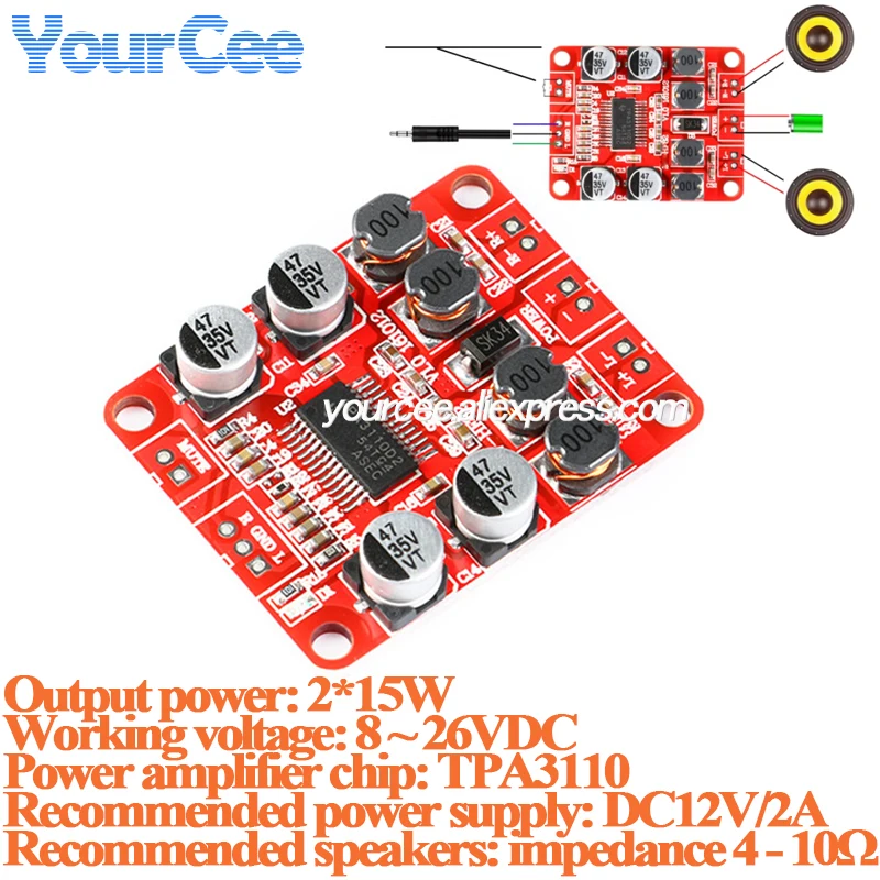 2 Stück/1 Stück TPA3110 2*15W 2-Kanal Digitaler Leistungsverstärker-Platinenmodul 2X15W Stereo-Lautsprecher Hintergrundmusik DIY