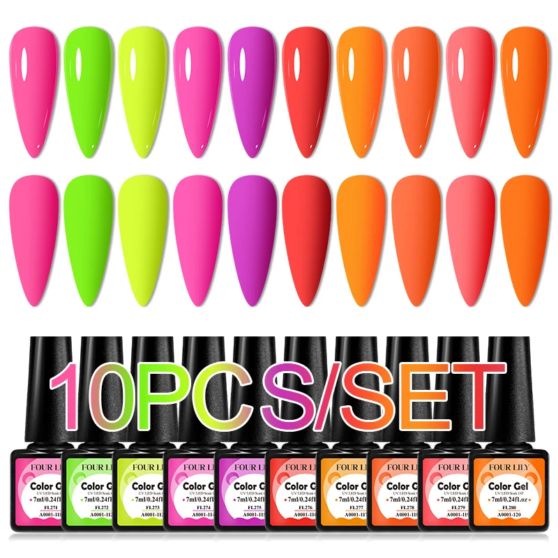 FOUR LILY 10 Pçs/set Gel Unha Polonês Luz Rosa Fluorescente Roxo Gel Polonês Conjunto Primavera Verão Nail Art Gel Verniz Para Manicure
