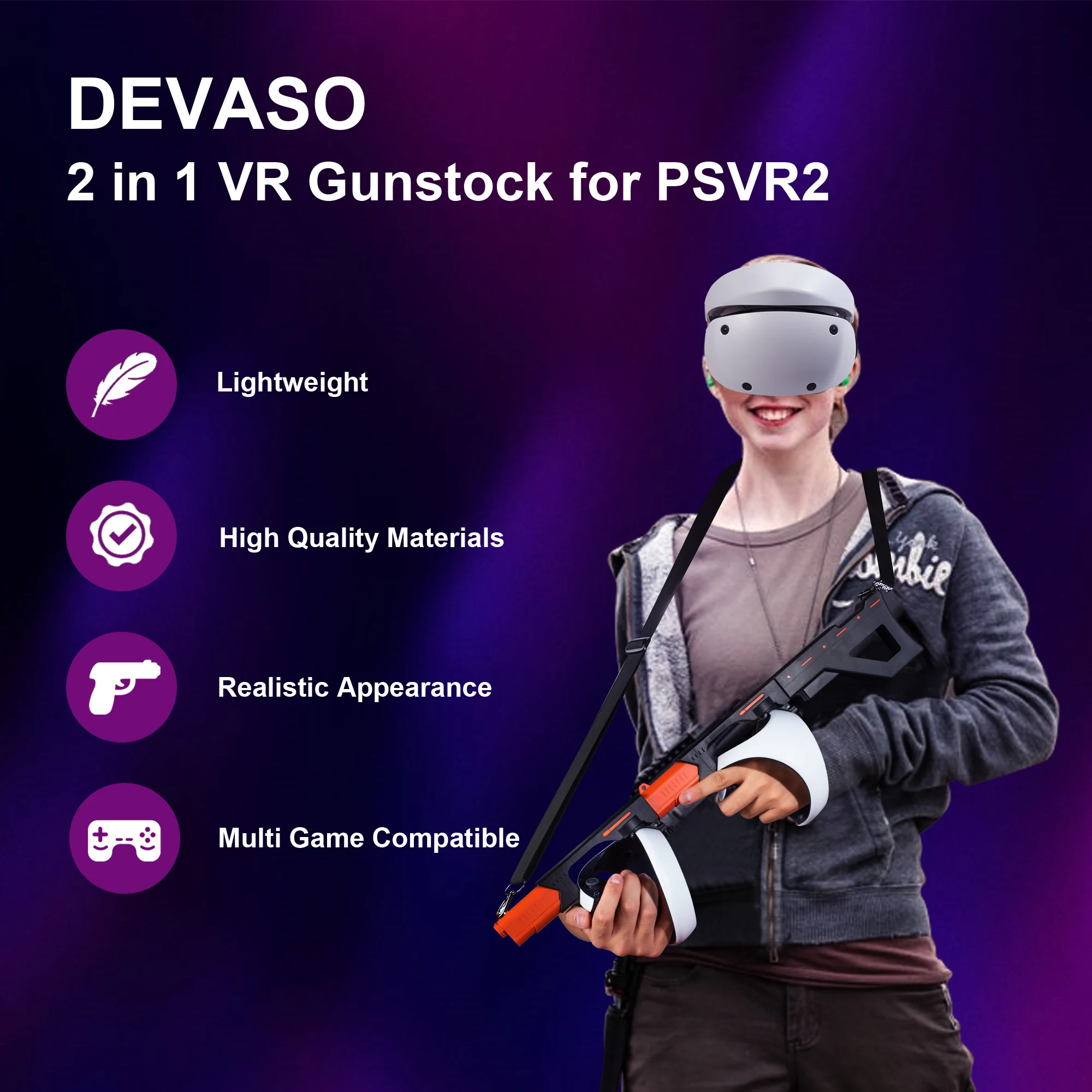 Magnetic VR Gun Stock for PSVR2 3-in-1 Changing VR Handle Accessories for Playstation VR2 Handle Attachment with Shoulder Straps