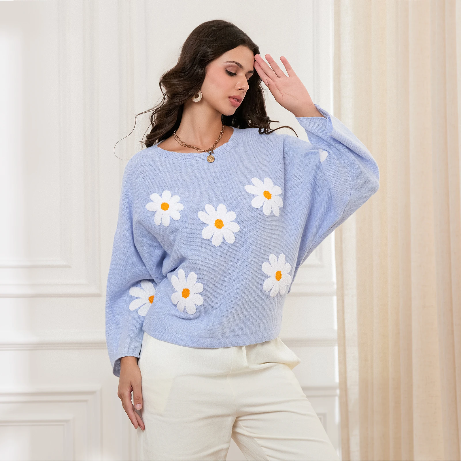 Maglione lavorato a maglia allentato ricamato a fiori donna pullover con scollo a barca a maniche lunghe dolce autunno inverno maglioni Casual top