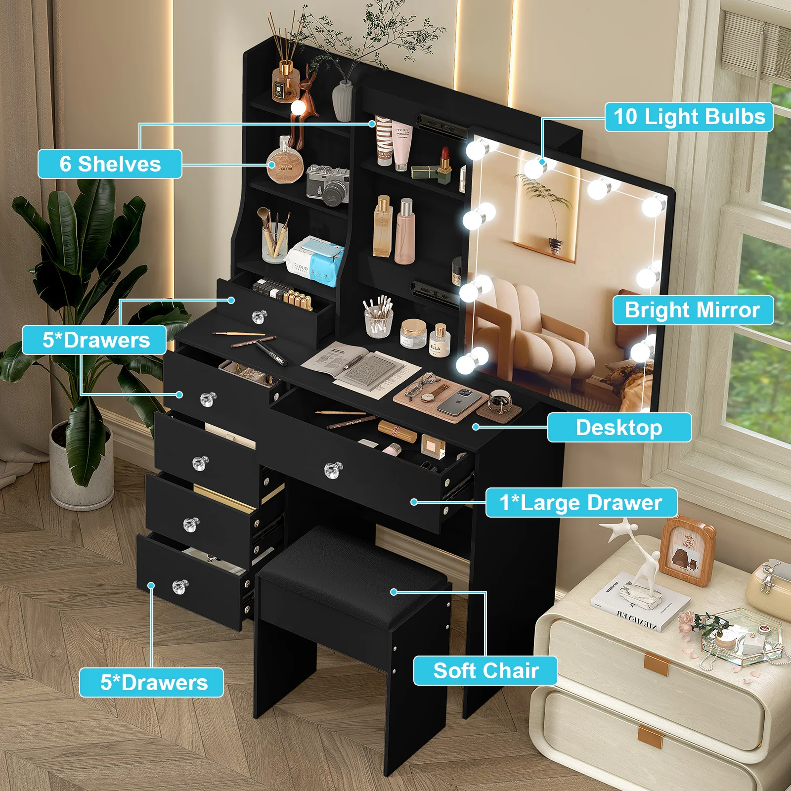 مجموعة زينة مضاءة LED مع مرآة منزلقة وأدراج طاولة تزيين Yamissi ومقعد #3