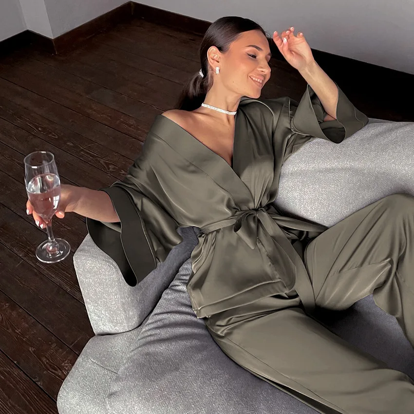 New Female Pajamas Set Sexy V-Neck Robe Elastic Waist Trouser Pijamas Suit Thin Satin Sleepwear Nightwear Loose Casual Home Wear