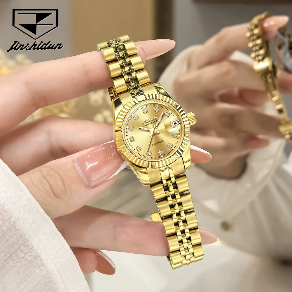 

JSDUN брендовые модные роскошные женские автоматические механические часы высокого качества из нержавеющей стали с календарем светящиеся женские наручные часы