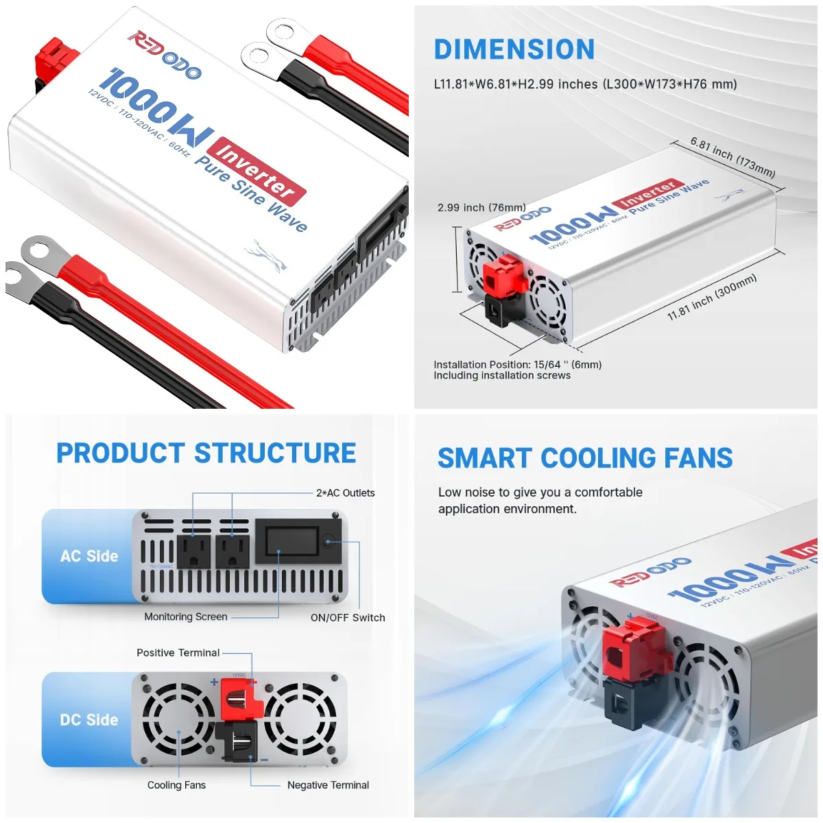 

1000W Pure Sine Wave Inverter 12V to 110V, DC to AC, with Monitoring Screen for Solar, RV, Home Backup