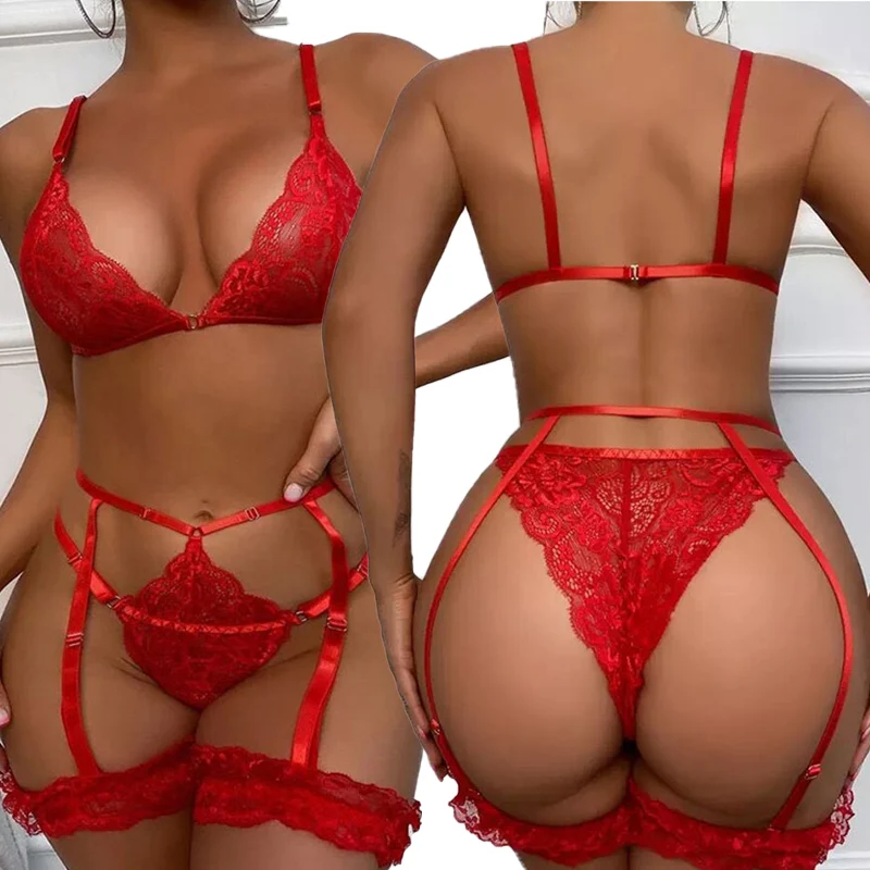 Sexy Bra Panty And Garters Lingerie Sexual Outfit Hot Transparent Wine Red Lace Exotic Women\'s Underwear Bra Set Erotic Costumes