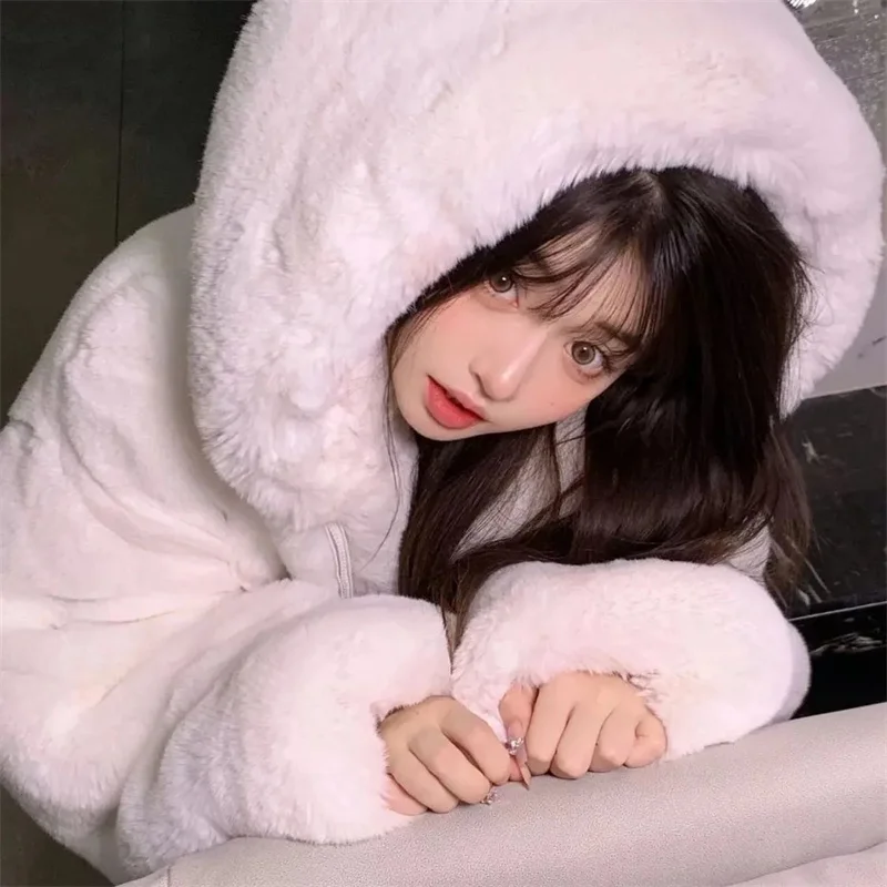 Korean Thickened Mink Velvet Coat Women Winter Clothes New Jacket Version Loose Imitation Rabbit Fur Plush Hooded Fur Coat