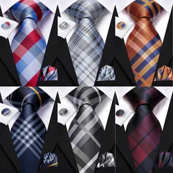 Designer Wedding Tie For Men Blue White Plaid Handky Cufflink Set Red Gray Fashion Necktie For Men Business Party Wholesale