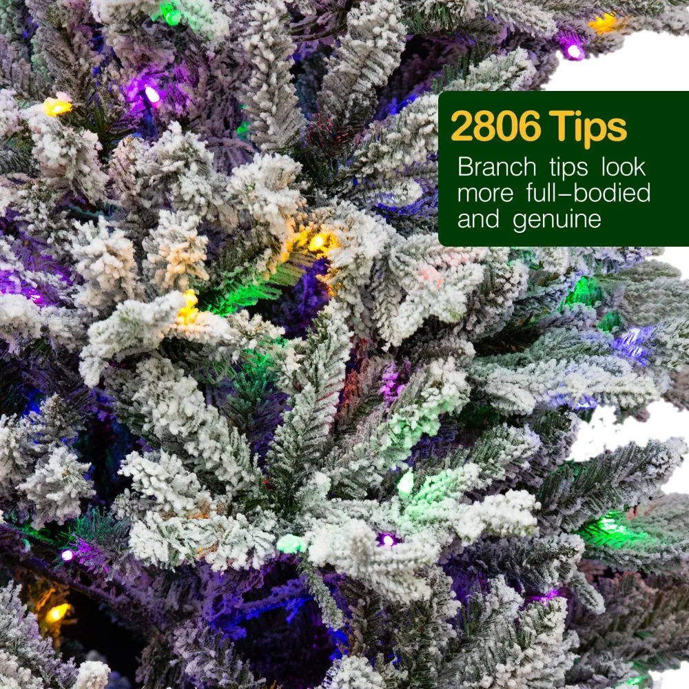 Snow Flocked Christmas Tree Prelit 7.5 ft, 2806 PE&PVC Realistic Branch, Christmas Tree with 500 Color Changing LED Lights