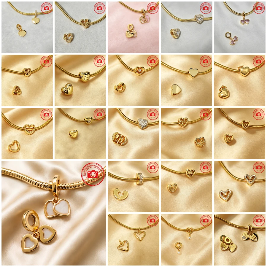 Hot Sale Golden Heart Charms DIY Women Jewelry Gifts Sparkling Hearts Clip Wrapped Heart Cupid Heart Beads Fit Original Bracelet