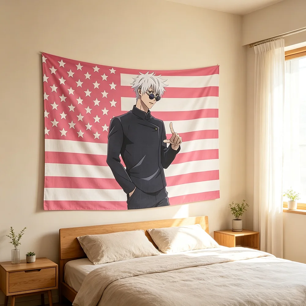 Anime Character Wall Flag Tapestry, Cool Muscular Anime Figure Graphic Black And White American Flag Wall Hanging Banner, Trendy Aesthetic Wall Decor for Bedroom Dorm Man Cave Teen Game Room