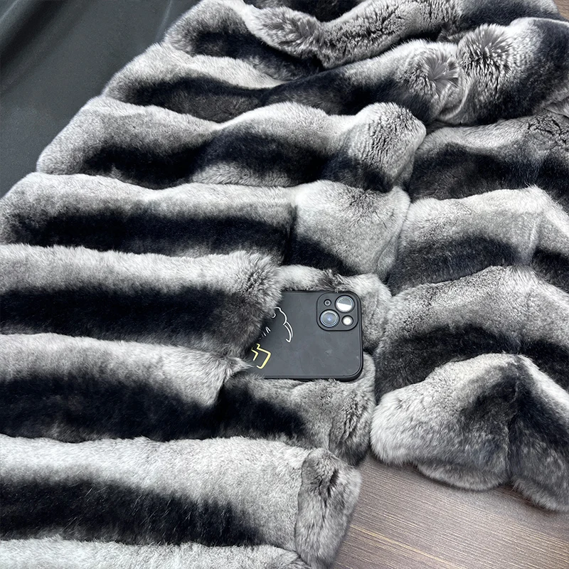 2023 New Natural Fur Coat Women Winter Long Coats Ladies Chinchilla Jacket Real Rex Rabbit Fur Hooded Jacket