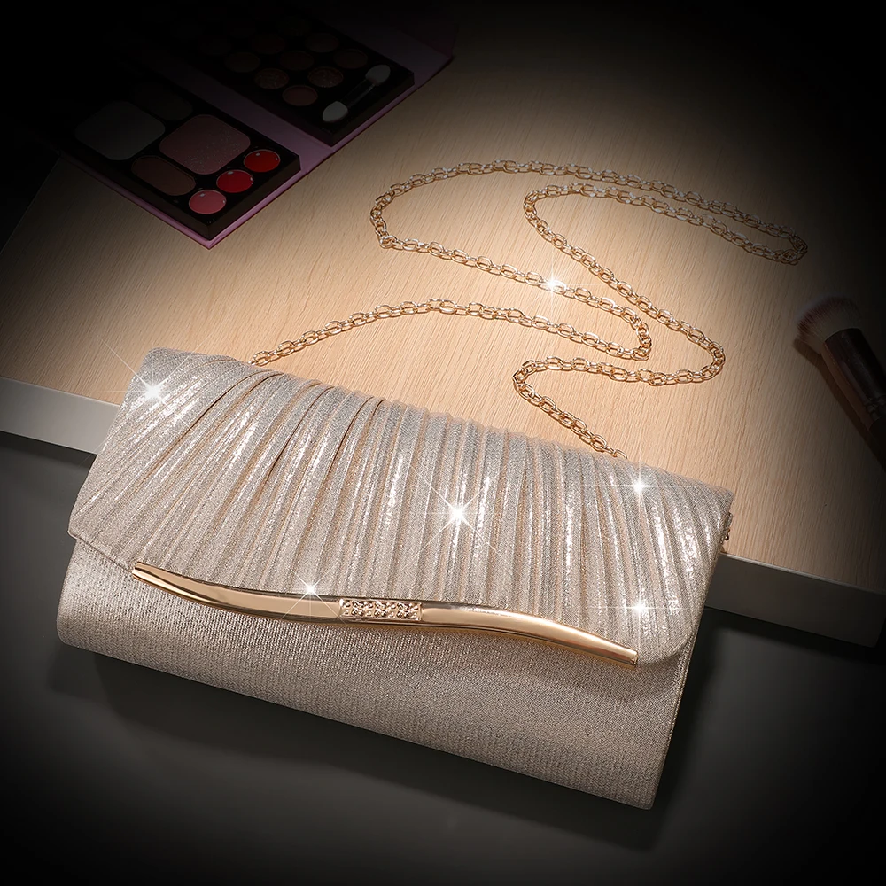 Luxury Pleated Ladies Evening Bag Candy Polyester Clutch Purses for Women Pearl Decorated Wedding Party and Messenger Bag image 3