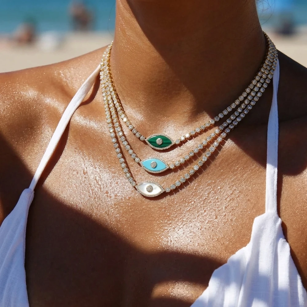 

Stainless Steel Evil Eye Pendant Necklace for Women Fashion Turquoise Opal Stone Choker Luxury Zircon Chain Collar Jewelry Gifts