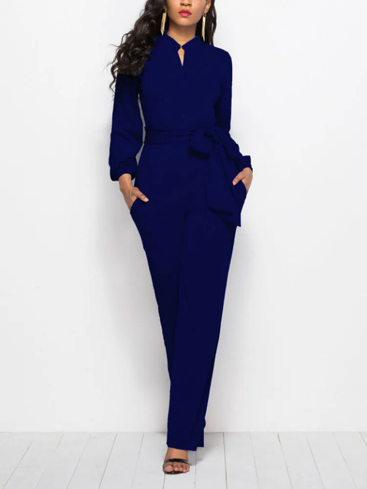 

Women Solid Color Wide Leg Jumpsuit With Belt
