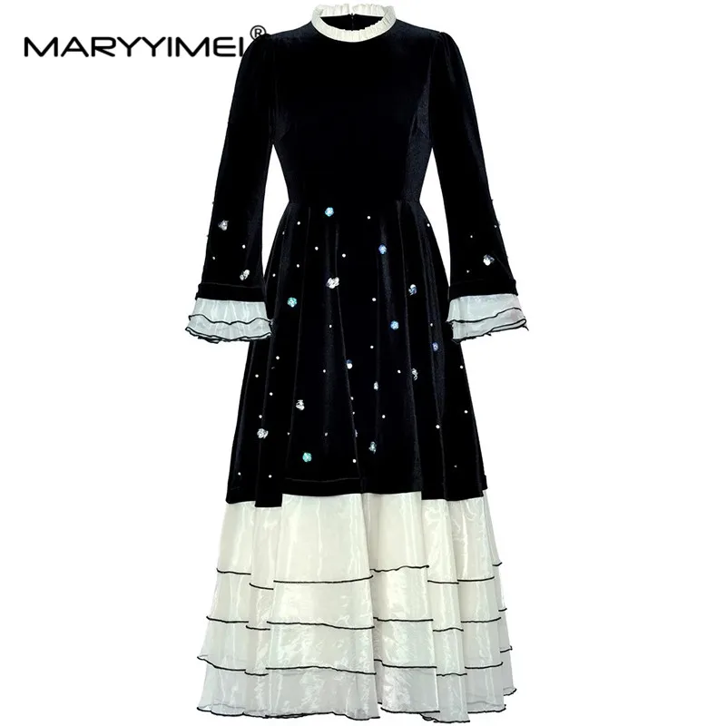 MARYYIMEI Color Block Patchwork Beading Women's Dress Stand collar Flare Sleeved New Fashion Big Swing Sequins Dresses