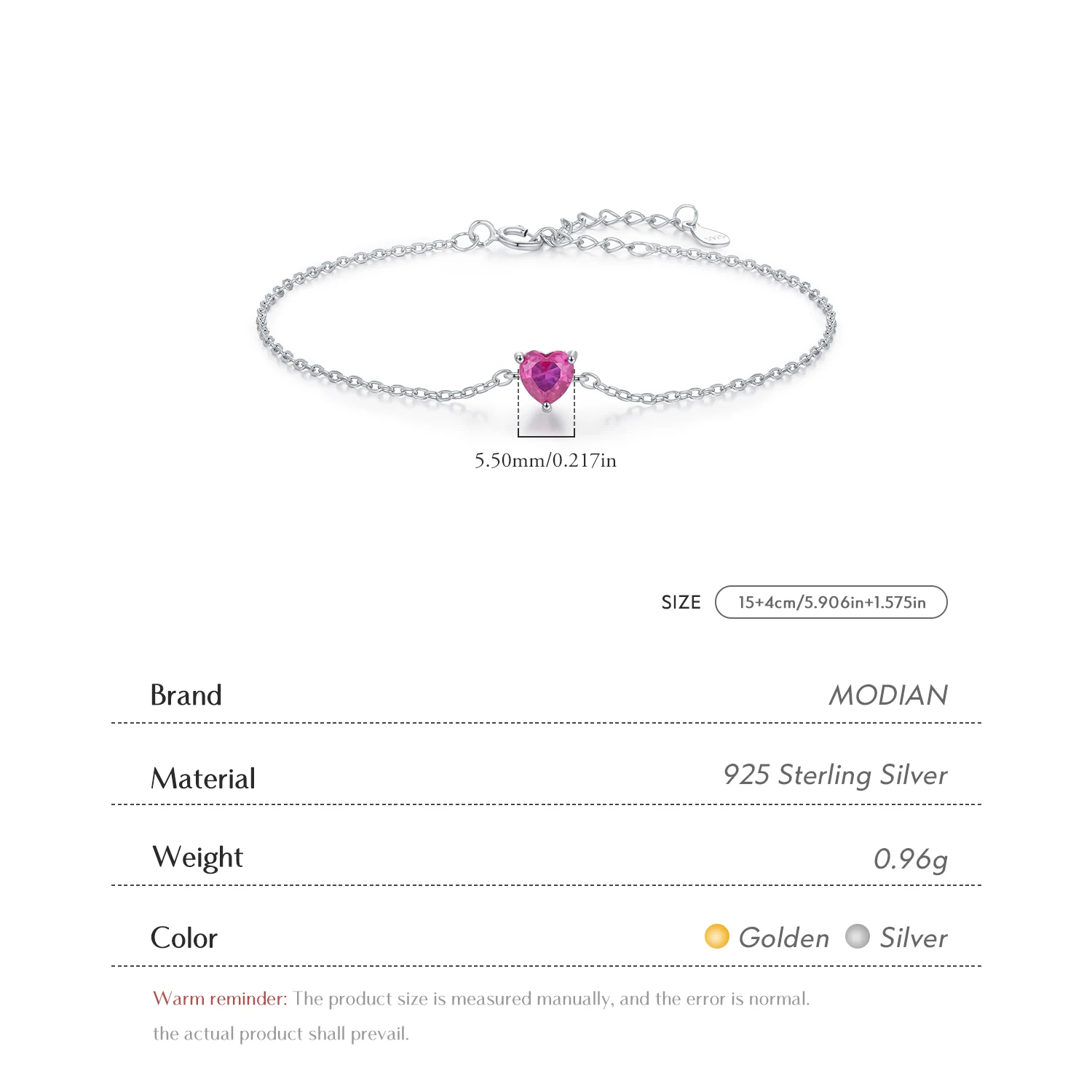 MODIAN 925 Sterling Silver Romantic Rose Red Zirconia Heart Bracelet Elegant Simple Link Chain For Women Fine Jewelry Gifts