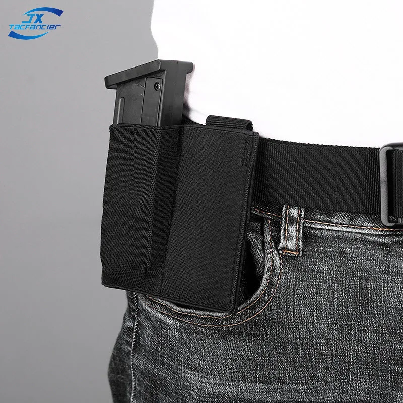 Tactical Double Magazine Pouch 9MM 1911 Pistol MAG Holder MOLLE Panel Cummerbund Mounted Elastic Band